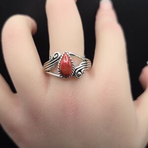 Sterling Silver, Red Coral Teardrop Ring. Size 12